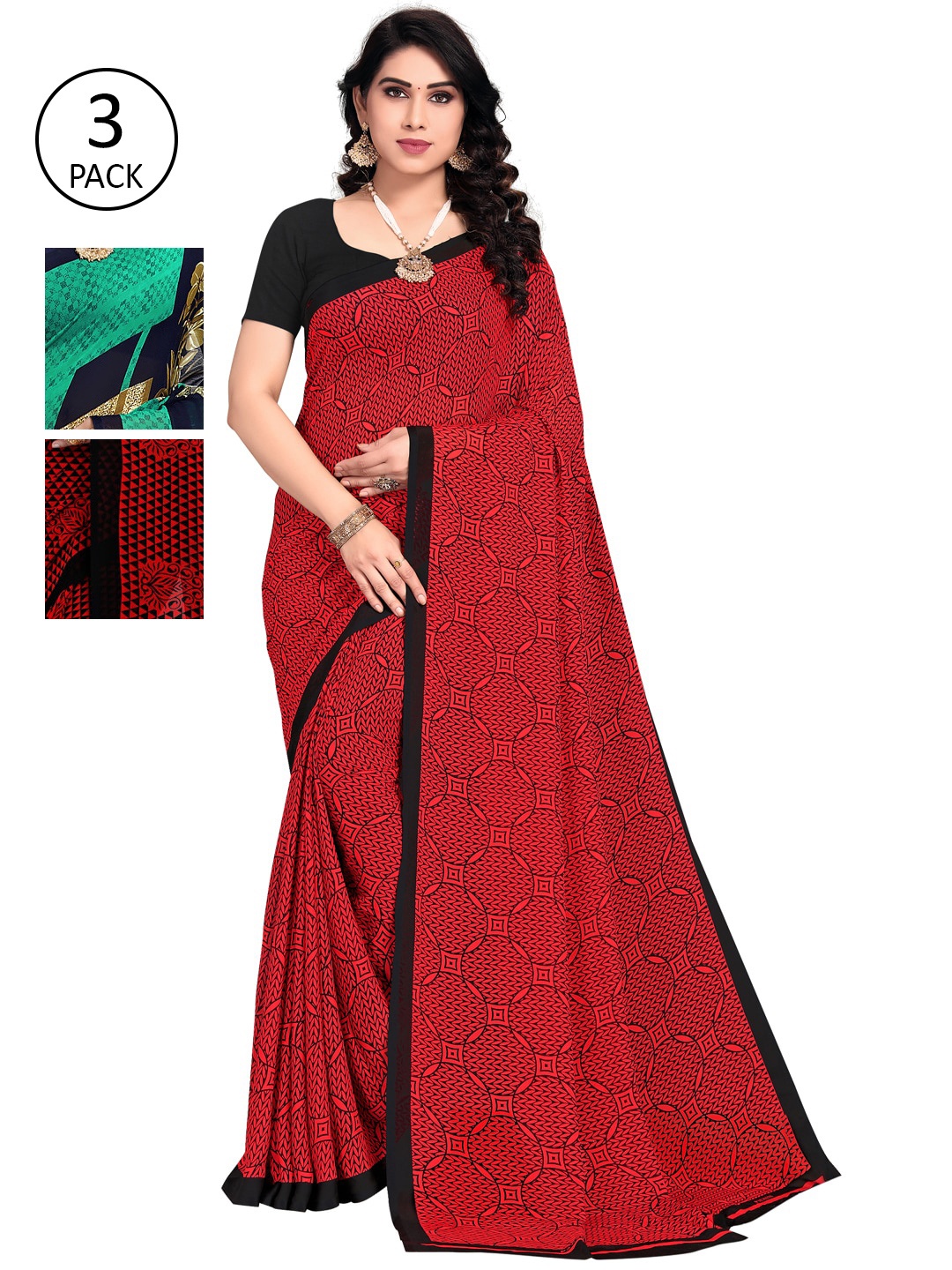 

KALINI Pack Of 3 Printed Poly Georgette Sarees, Teal