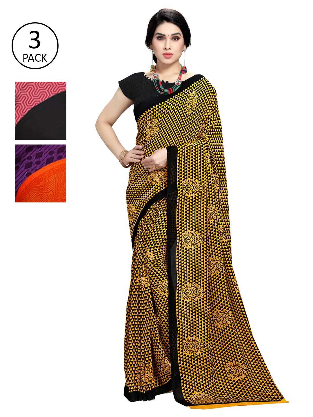 

KALINI Black & Yellow Set Of 3 Printed Sarees