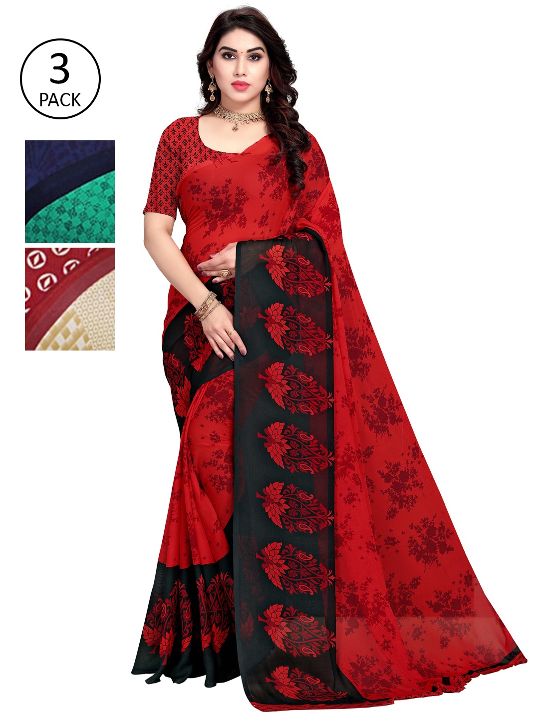 

KALINI Pack of 3 Poly Georgette Saree, Green