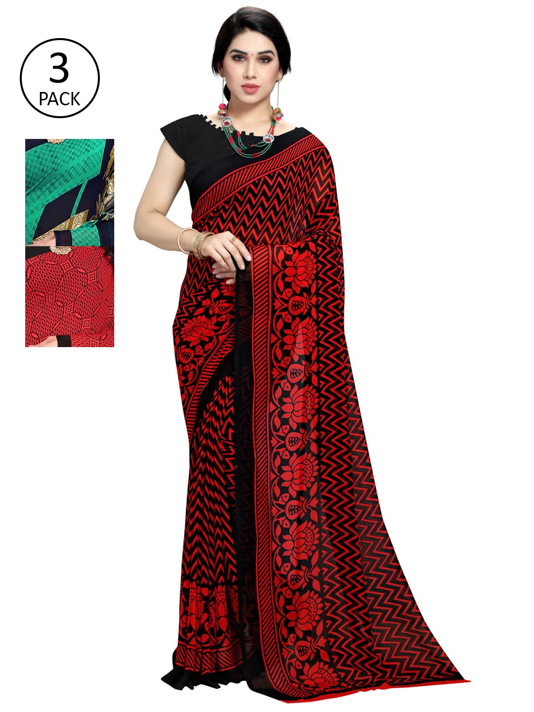 

KALINI Pack of 3 Poly Georgette Sarees, Red