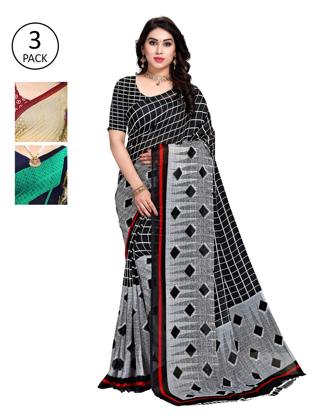 

KALINI Women Multi Printed Pack of 3 Sarees, Teal