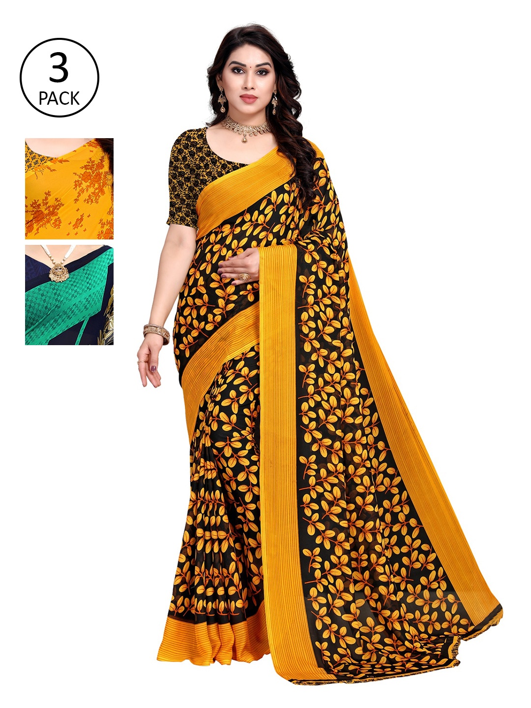 

KALINI Pack of 3 Yellow & Black Printed Poly Georgette Sarees