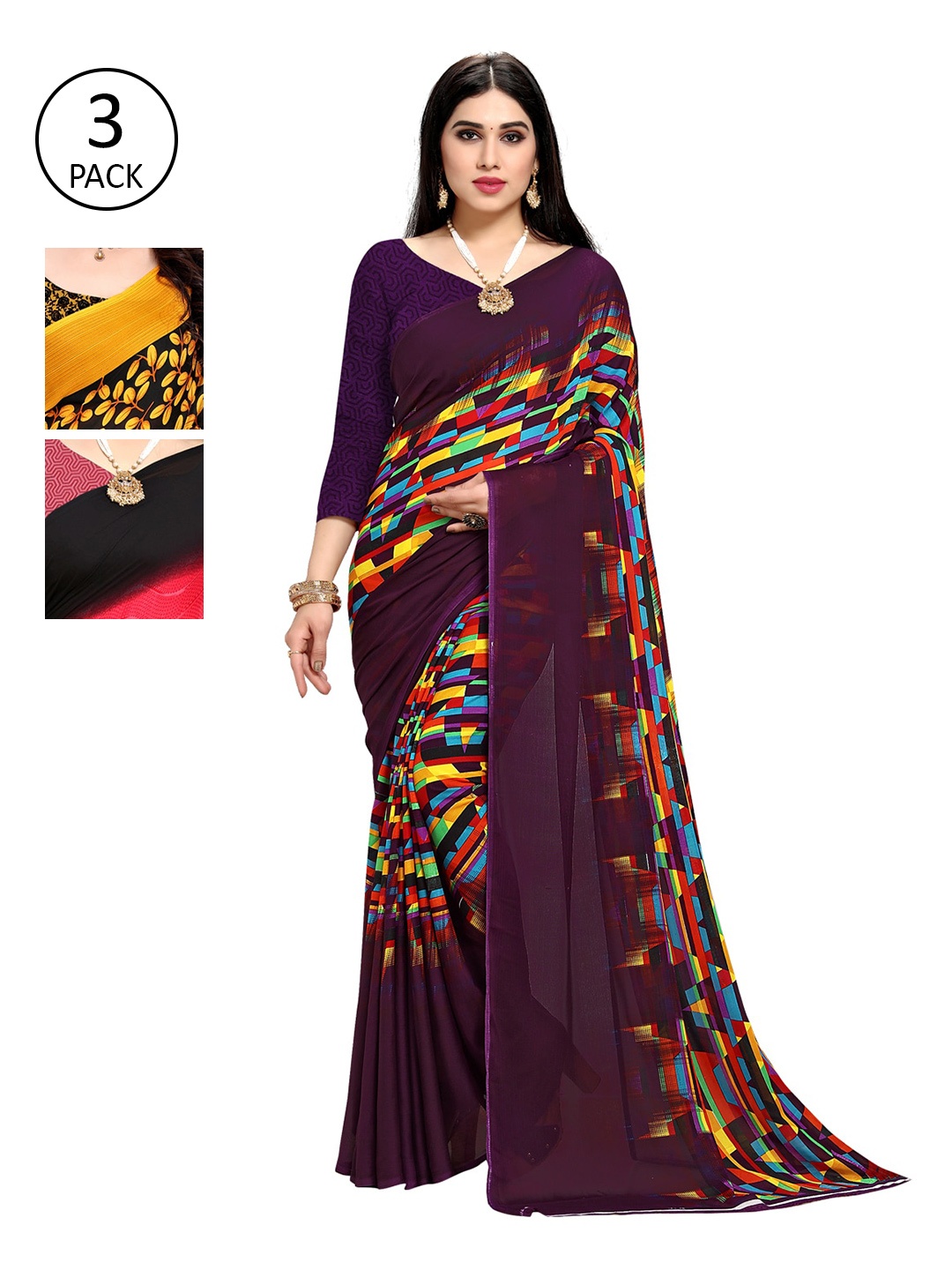 

KALINI Pack Of 3 Printed Poly Georgette Sarees, Multi