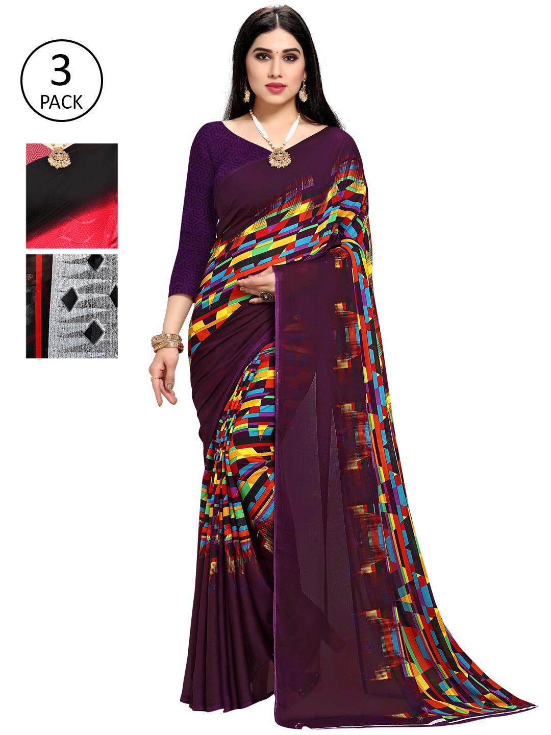 

KALINI Pack of 3 Poly Georgette Sarees, Black