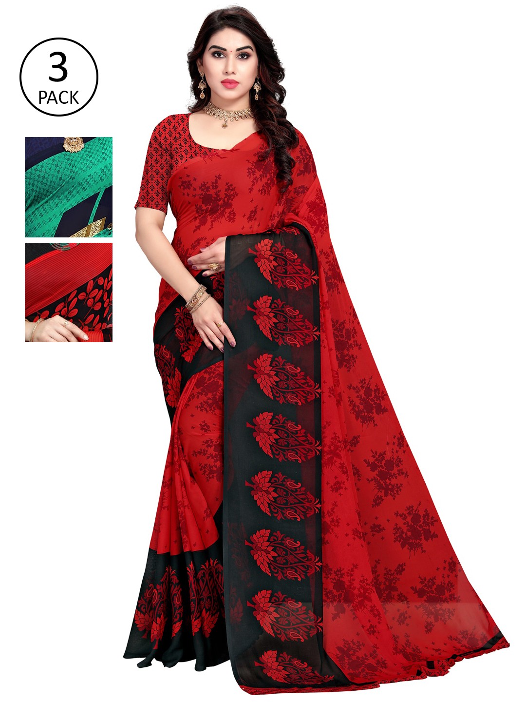 

KALINI Women Multi Printed Pack of 3 Sarees, Red