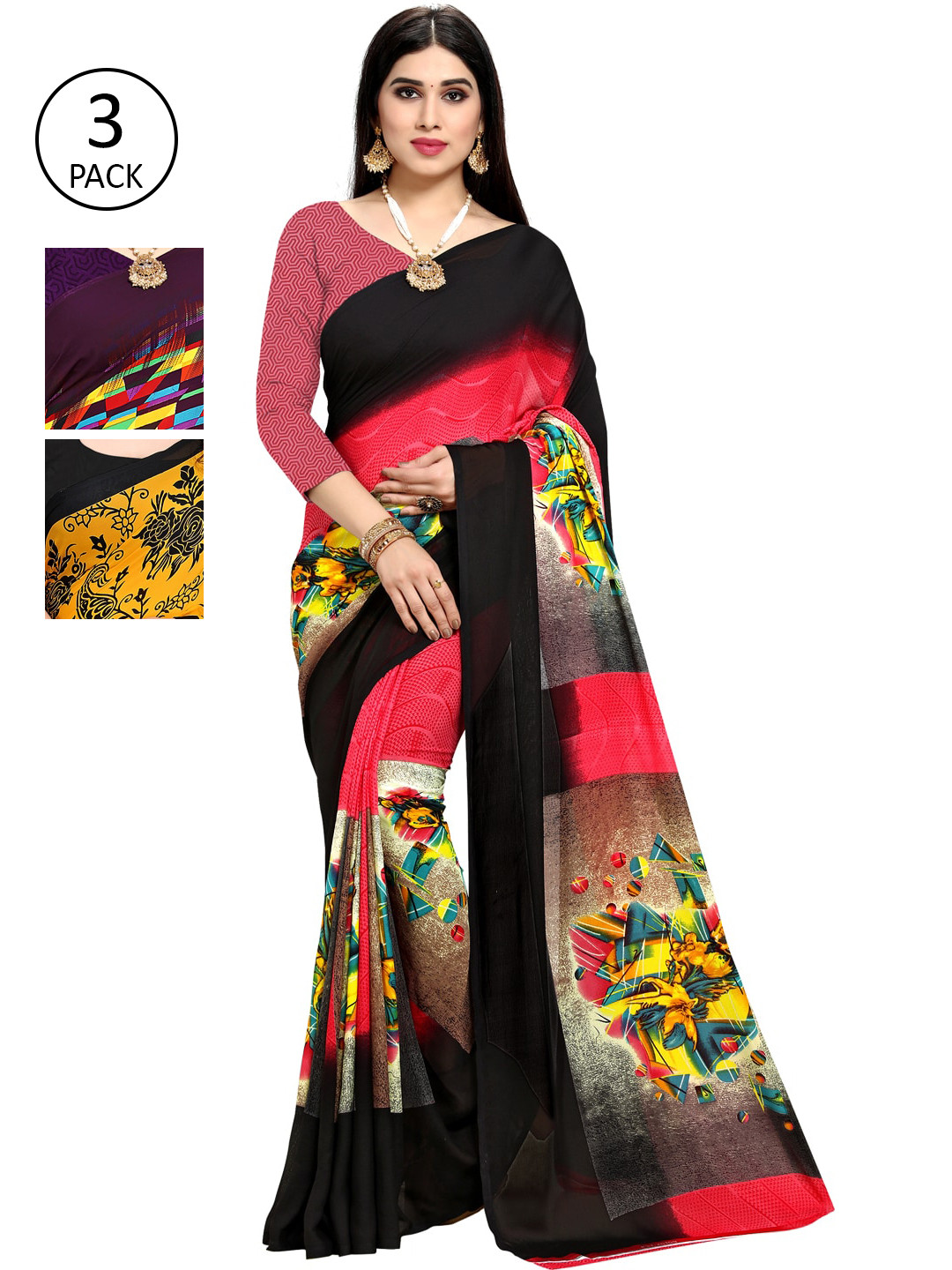 

KALINI Set of 3 Poly Georgette Saree, Multi