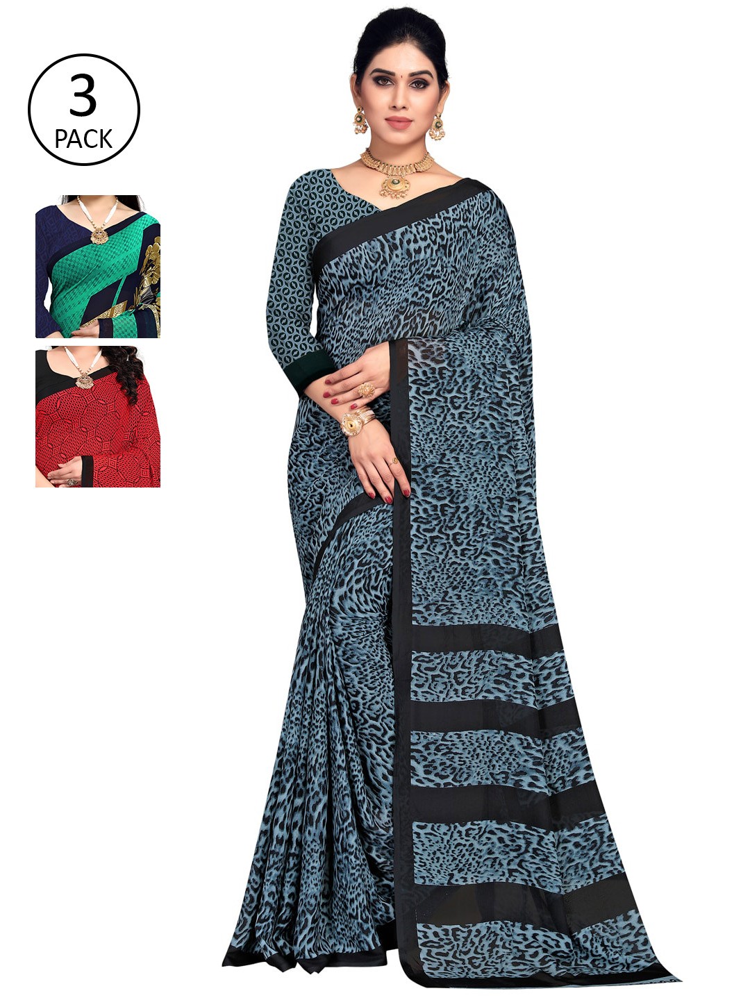 

KALINI Pack Of 3 Green & Blue Saree