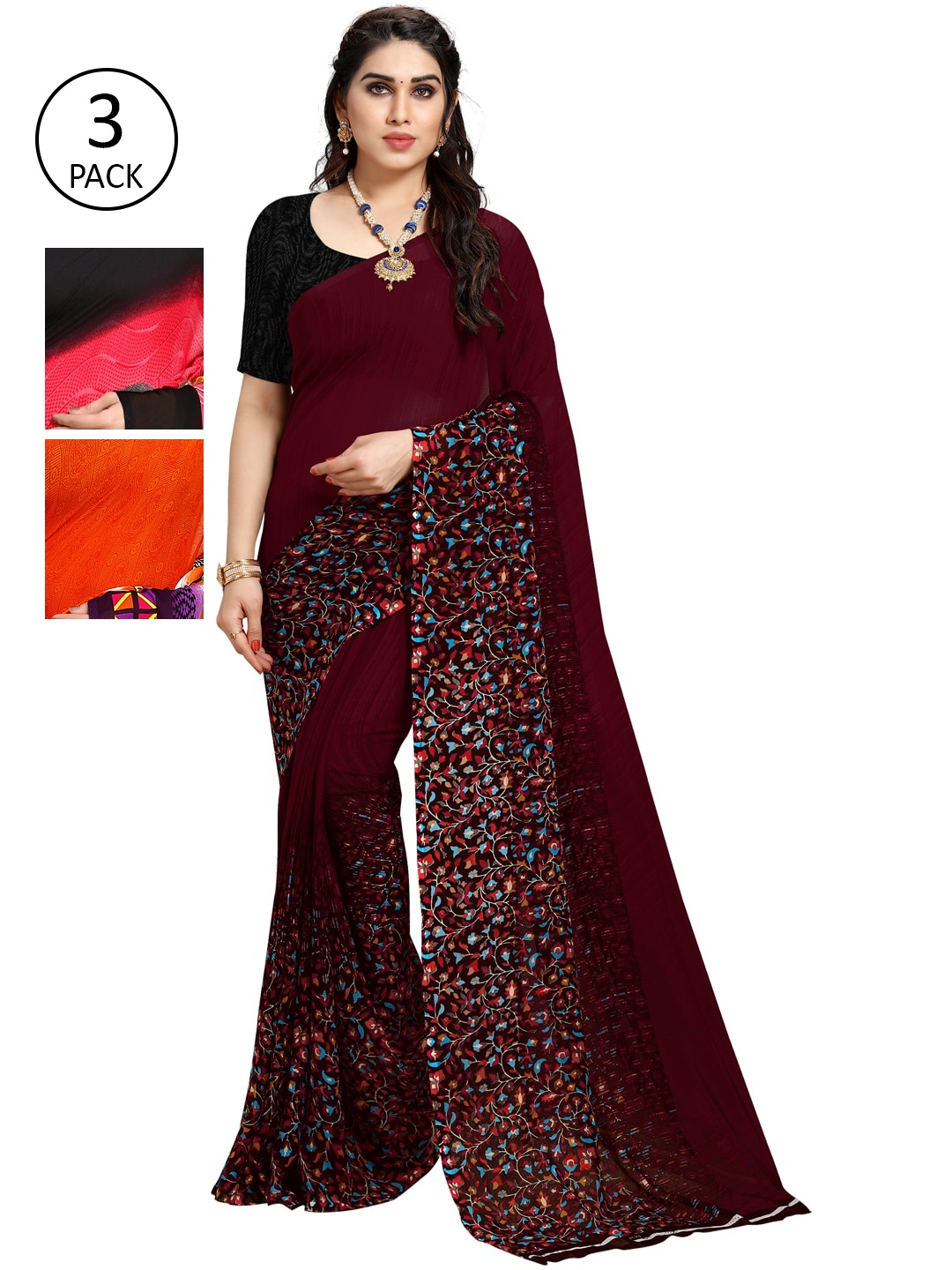

KALINI Pack of 3 Printed Poly Georgette Sarees, Multi