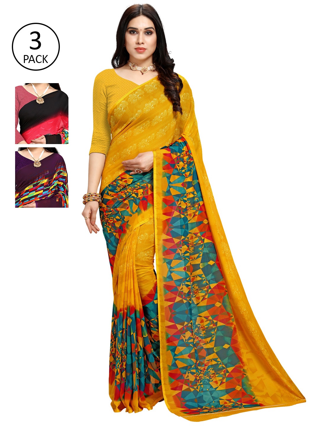 

KALINI Pack of 3 Purple & Yellow Printed Poly Georgette Sarees
