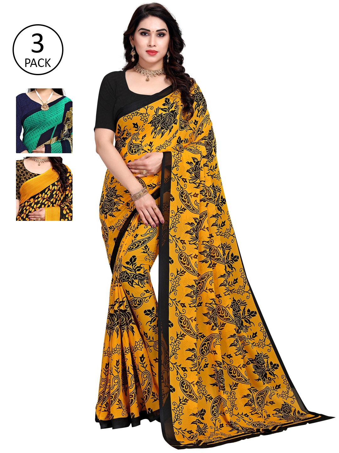

KALINI Pack Of 3 Yellow & Black Saree