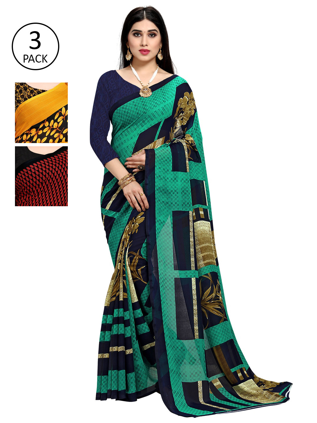

KALINI Pack of 3 Yellow & Black Printed Poly Georgette Sarees