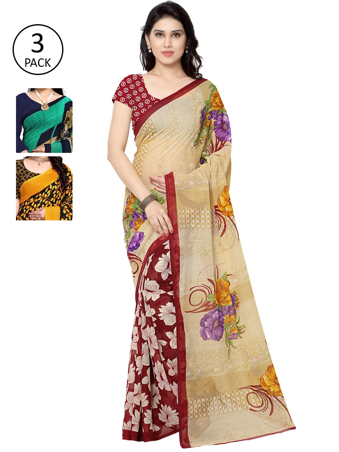

KALINI Pack of 3 Poly Georgette Saree, Green