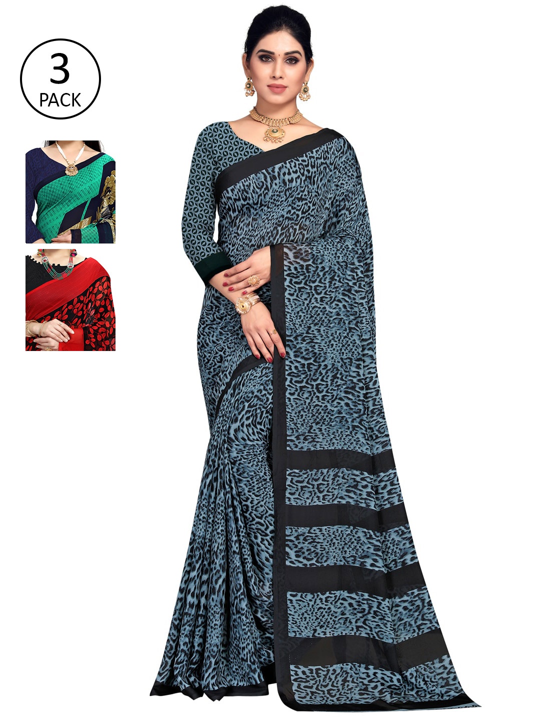 

KALINI Pack of 3 Poly Georgette Sarees, Green