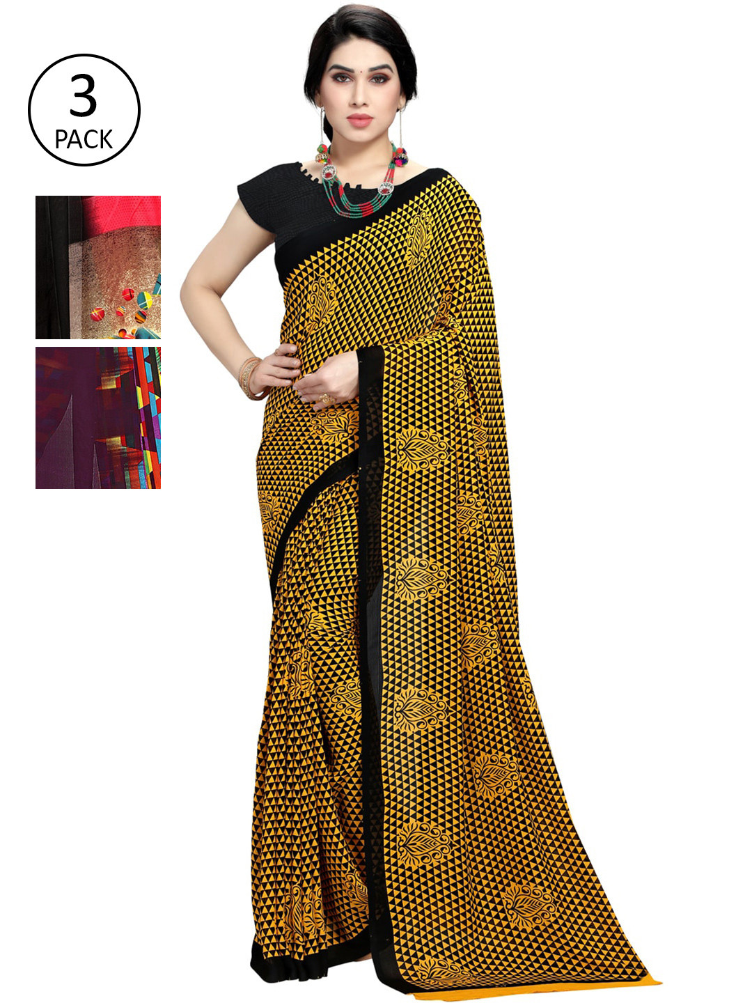 

KALINI Pack of 3 Printed Sarees, Black