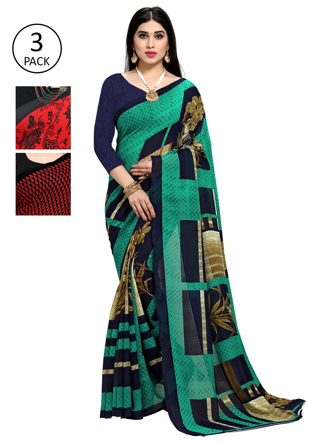 

KALINI Pack of 3 Red & Black Printed Poly Georgette Sarees