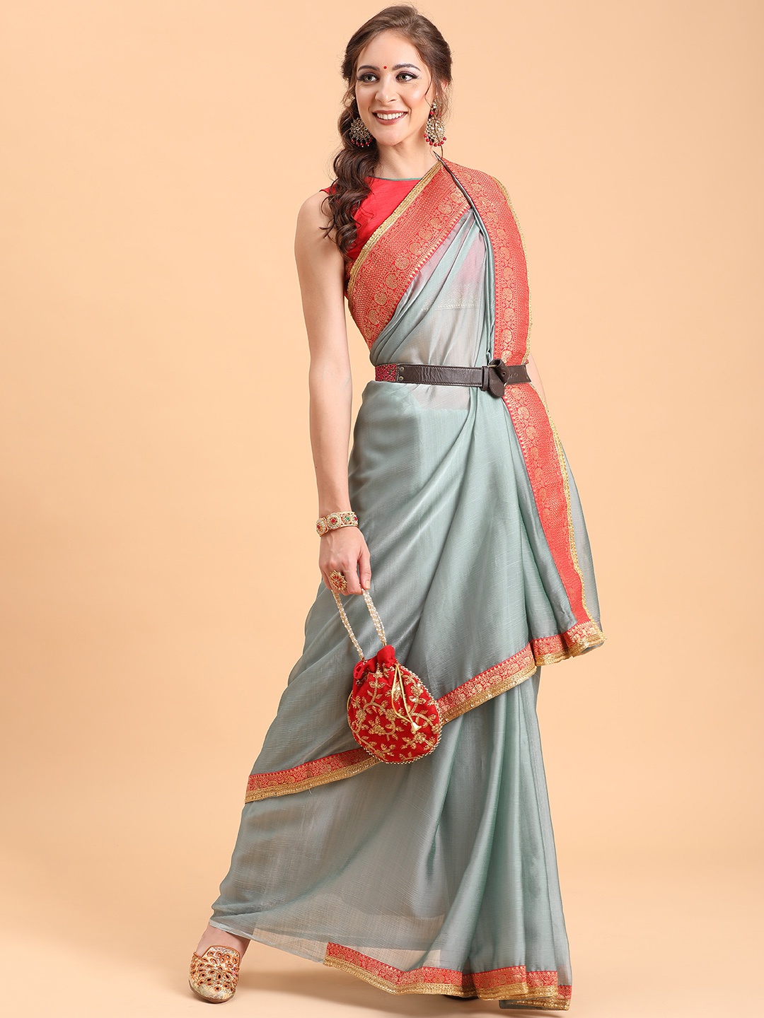 

Sangria Grey Melange & Red Zari Silk Blend Saree