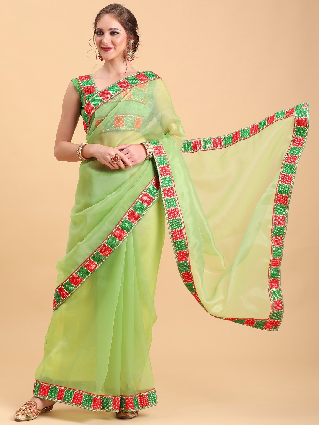 

Sangria Lime Green & Red Kutchi Embroidery Organza Saree