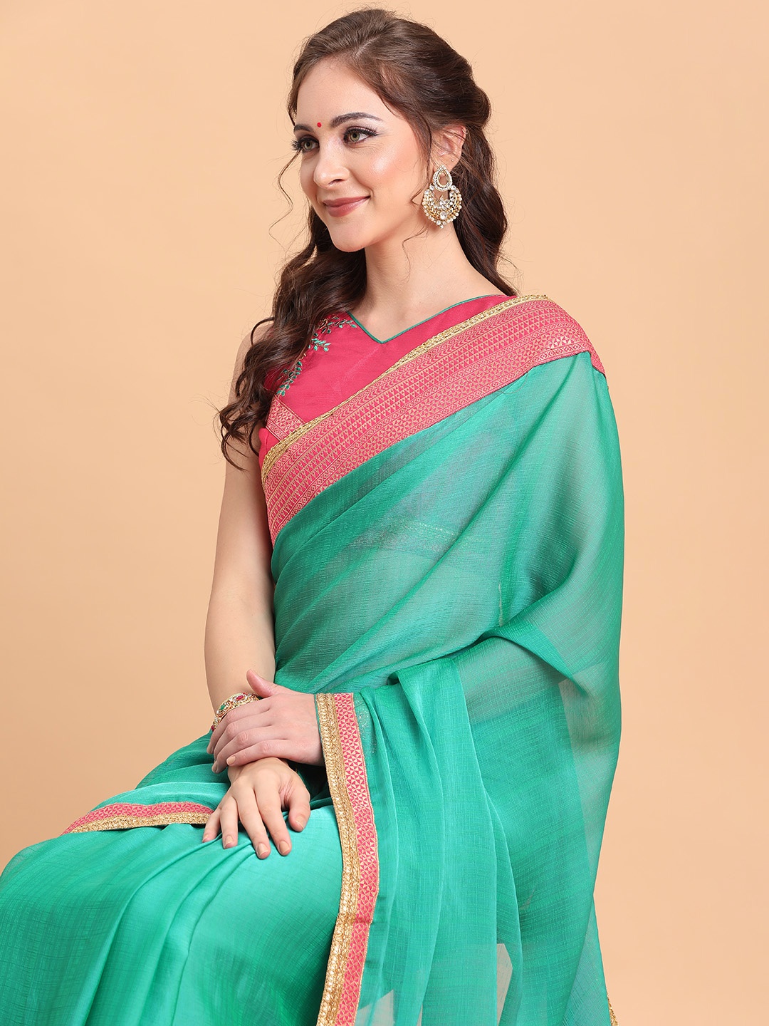 

Sangria Sea Green & Coral Silk Blend Saree