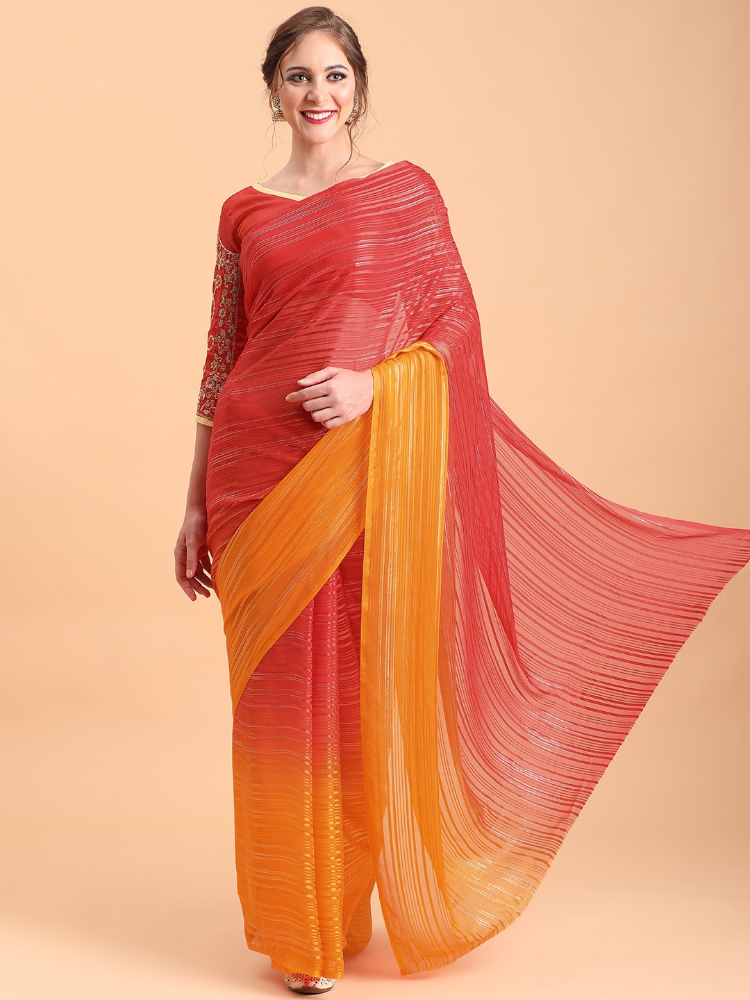 

Sangria Red & Orange Striped Sequinned Silk Blend Heavy Work Saree