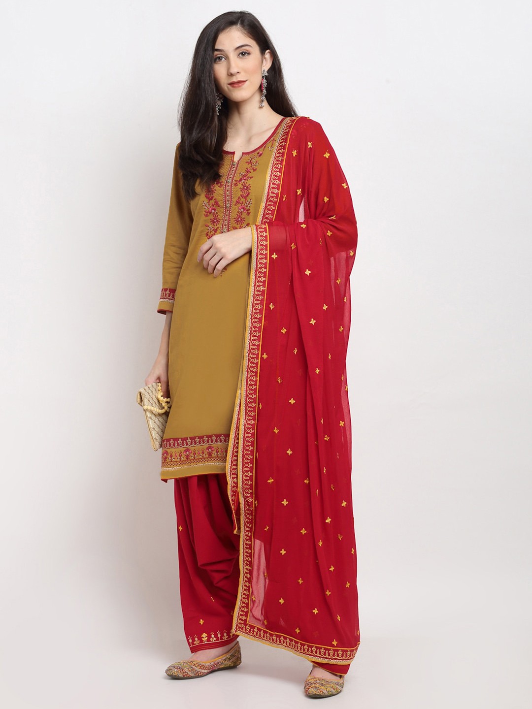 

SheWill Mustard & Red Embroidered Unstitched Dress Material