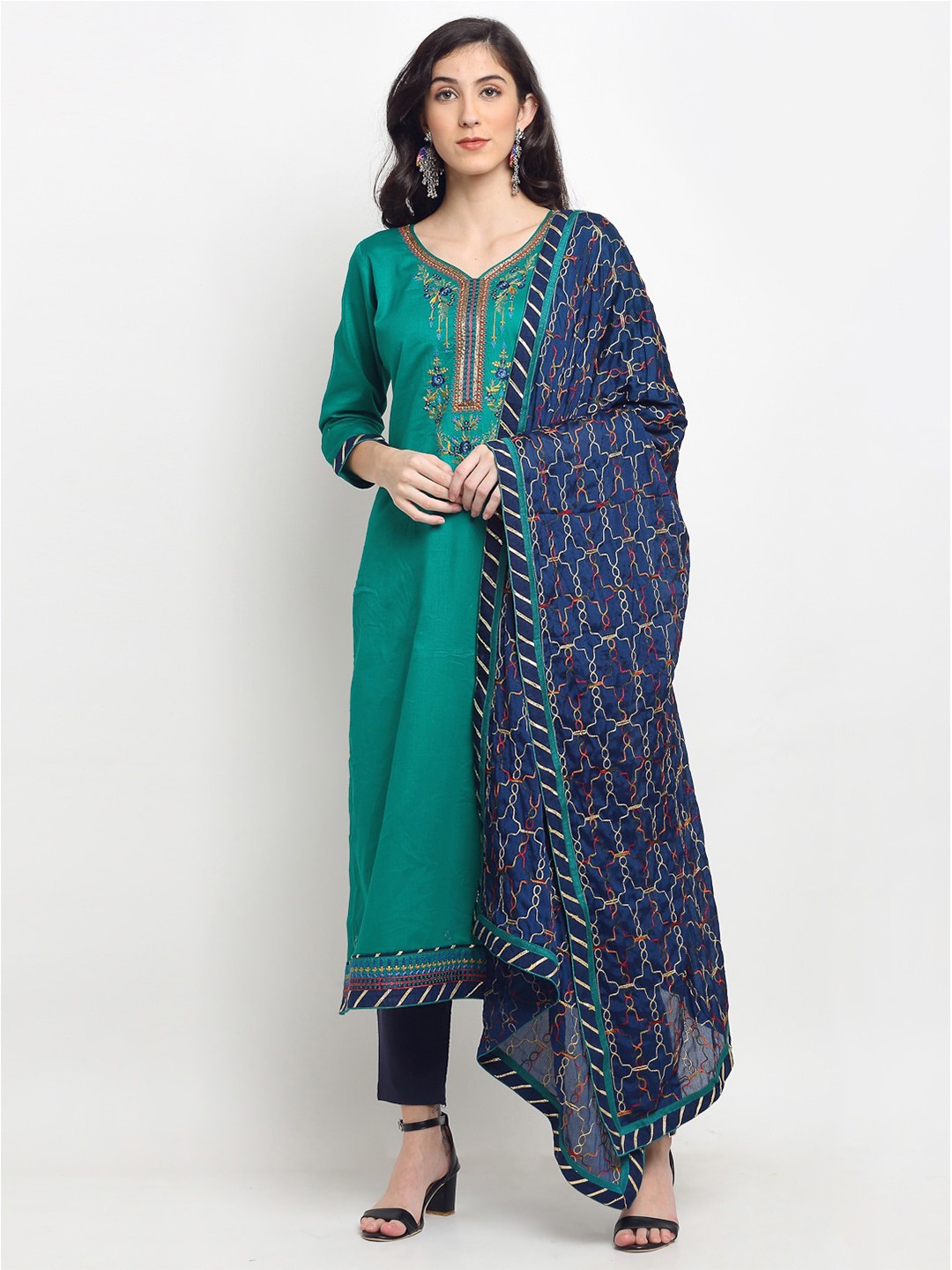 

SheWill Green & Blue Embroidered Unstitched Dress Material