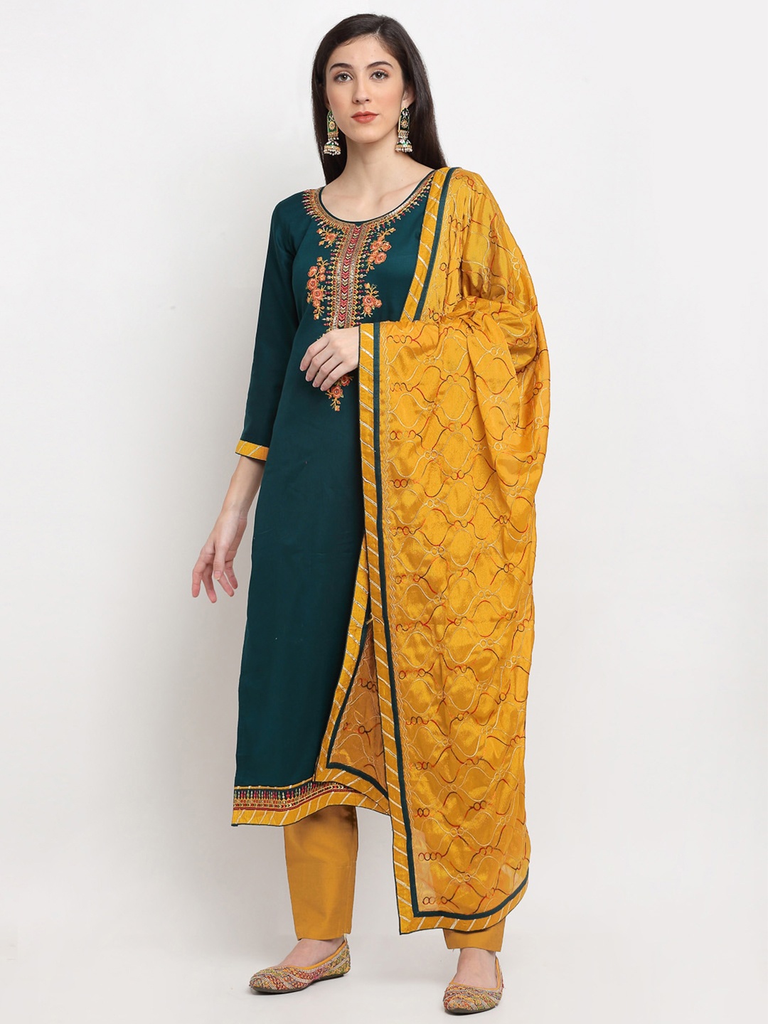 

SheWill Green & Yellow Embroidered Unstitched Dress Material