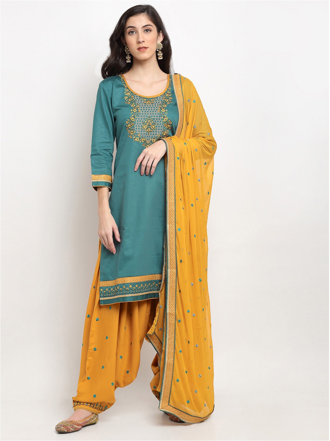 

SheWill Teal & Yellow Embroidered Unstitched Dress Material