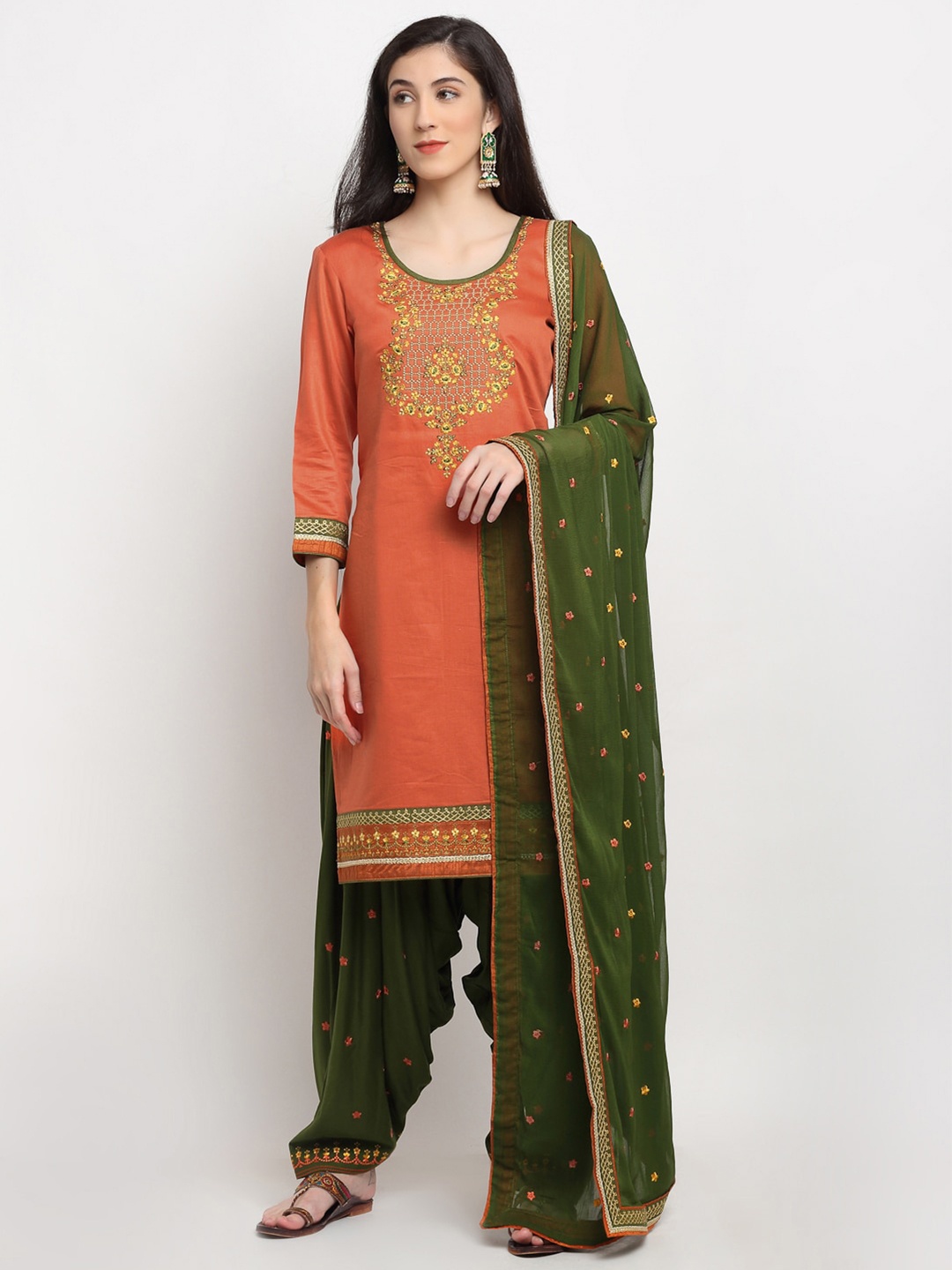 

SheWill Orange & Green Embroidered Unstitched Dress Material