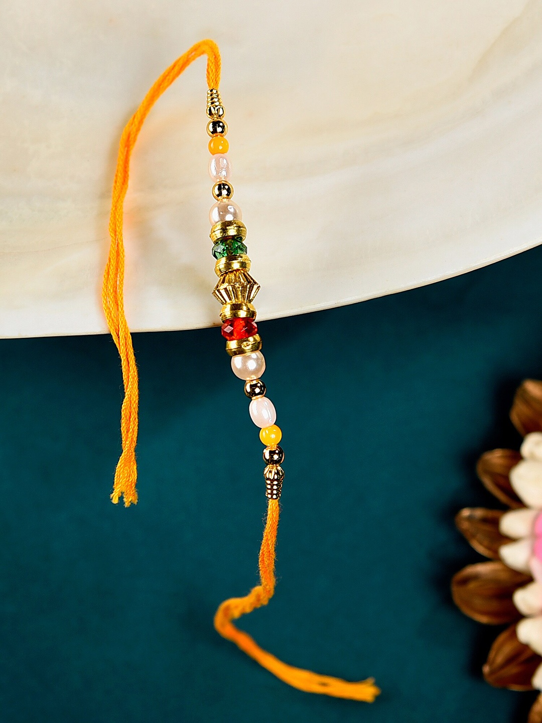 

Zaveri Pearls Men Multicoloured Beads Embellished Rakhi With Chawal Roli, Multi