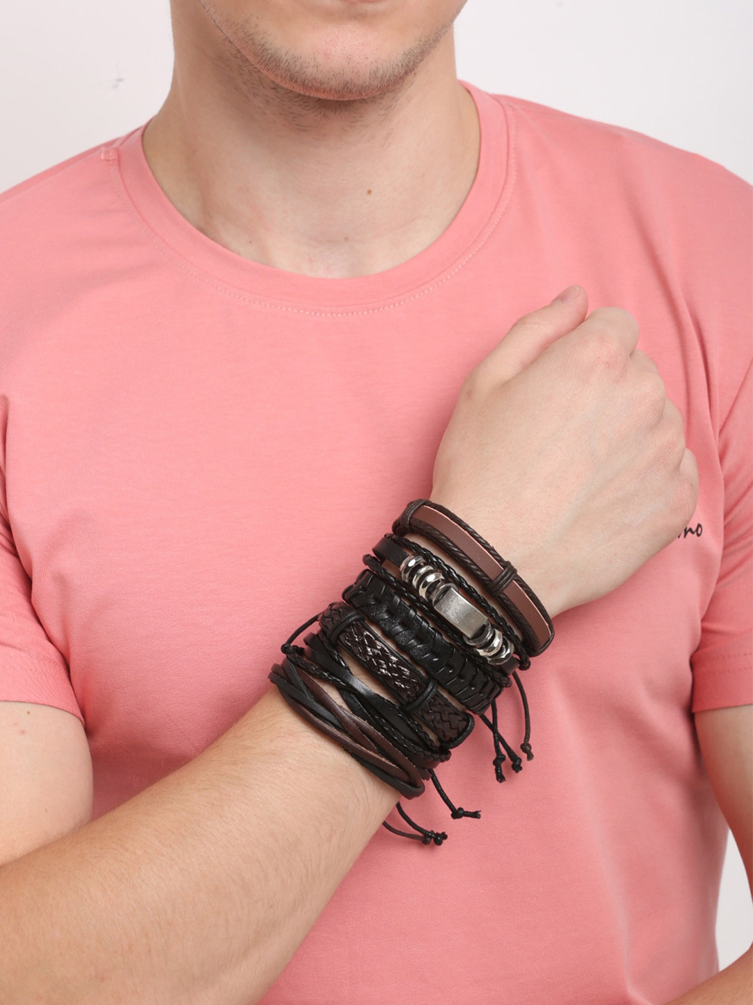 

Shining Diva Fashion Men Set of 6 Black Brown Leather Multistrand Bracelet