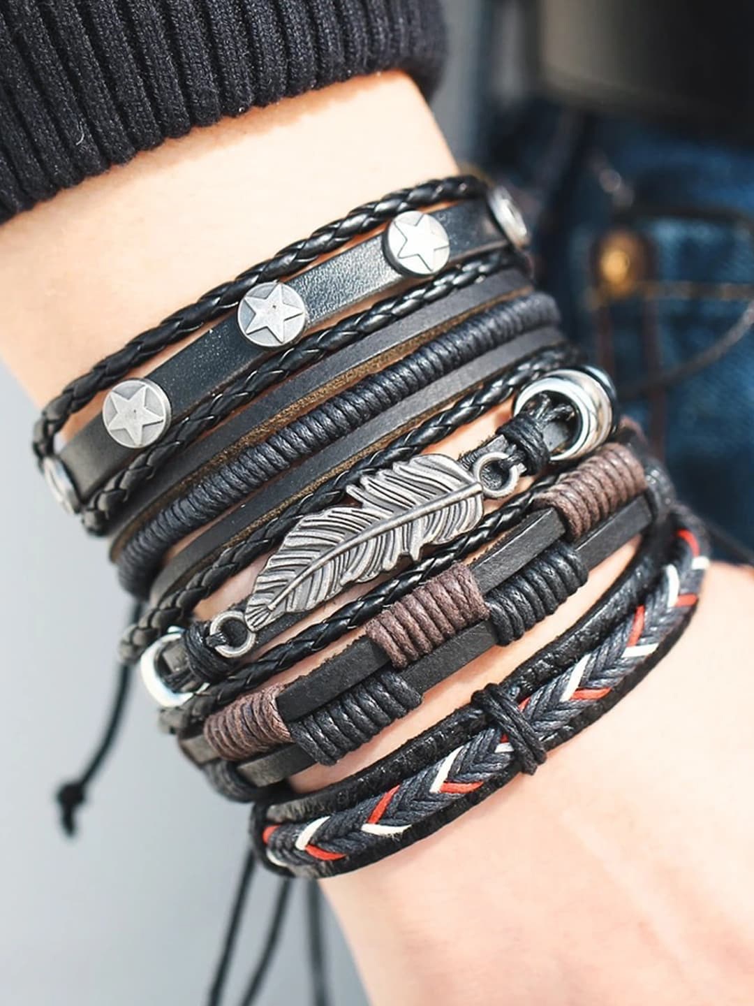 

Shining Diva Fashion Men Set of 5 Black Silver-Toned Leather Silver-Plated Multistrand Bracelet