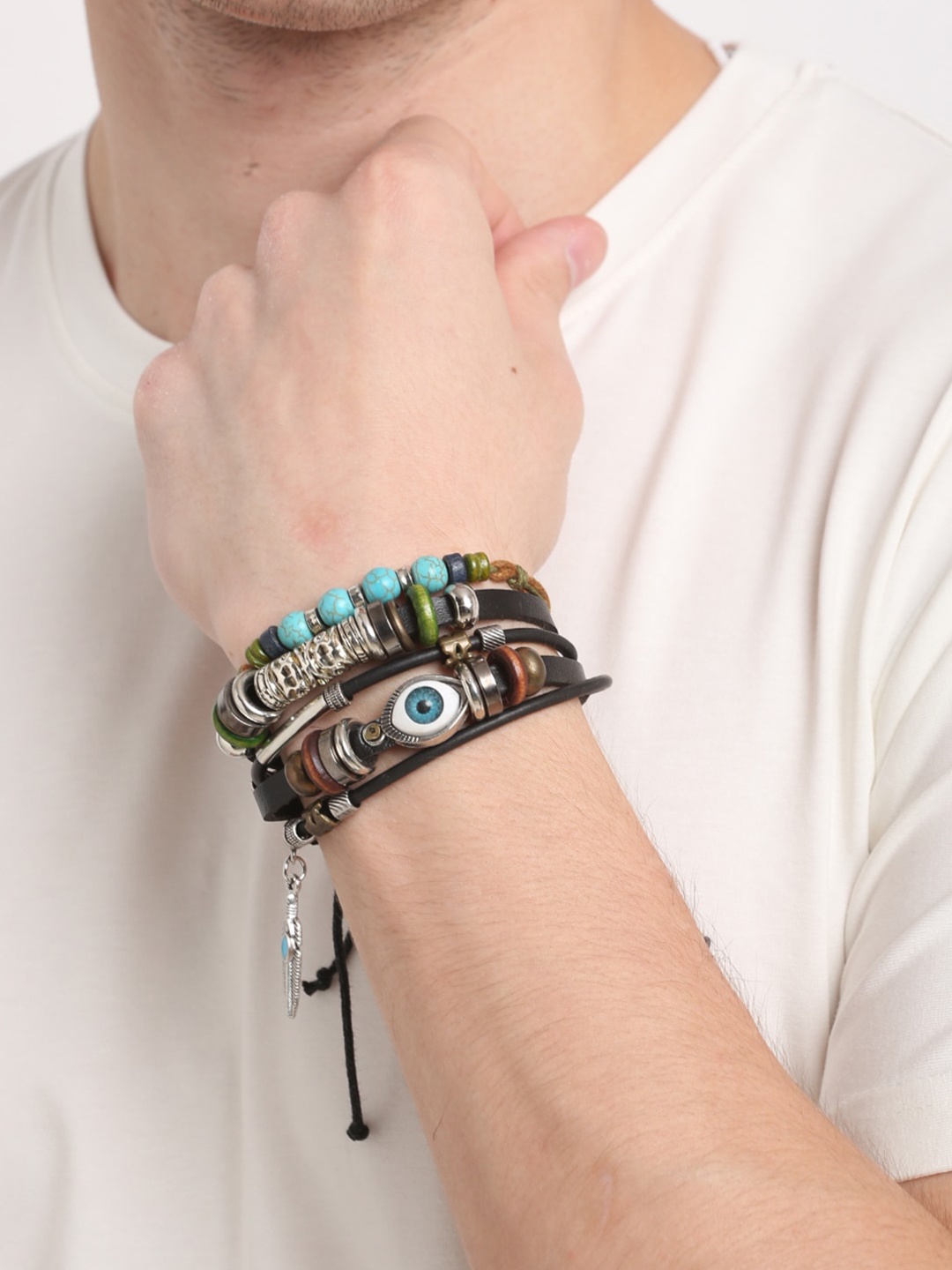 

Shining Diva Fashion Men Black Blue Leather Silver-Plated Multistrand Bracelet
