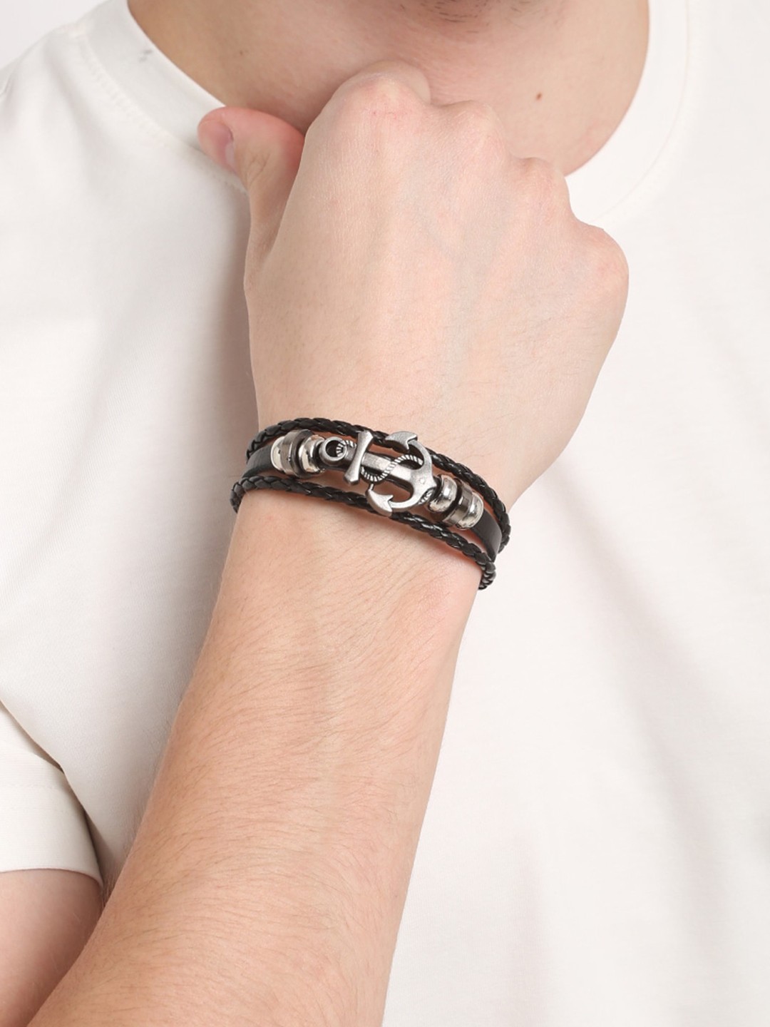 

Shining Diva Fashion Men Black Silver-Toned Leather Silver-Plated Multistrand Bracelet
