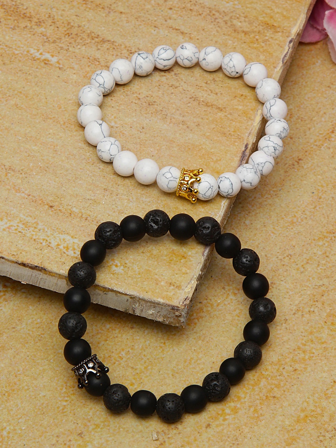 

Shining Diva Fashion Men 2 White Black Onyx Elasticated Bracelet