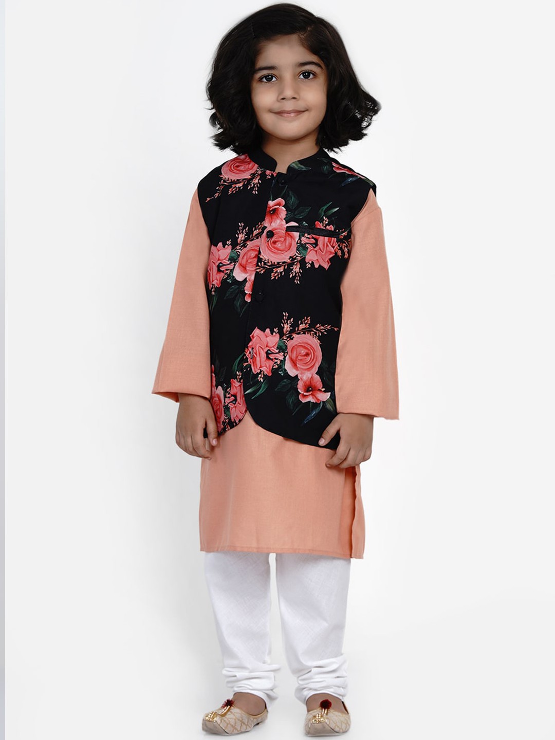 

Bittu By Bhama Boys Peach-Coloured Straight Kurta with White Churidar