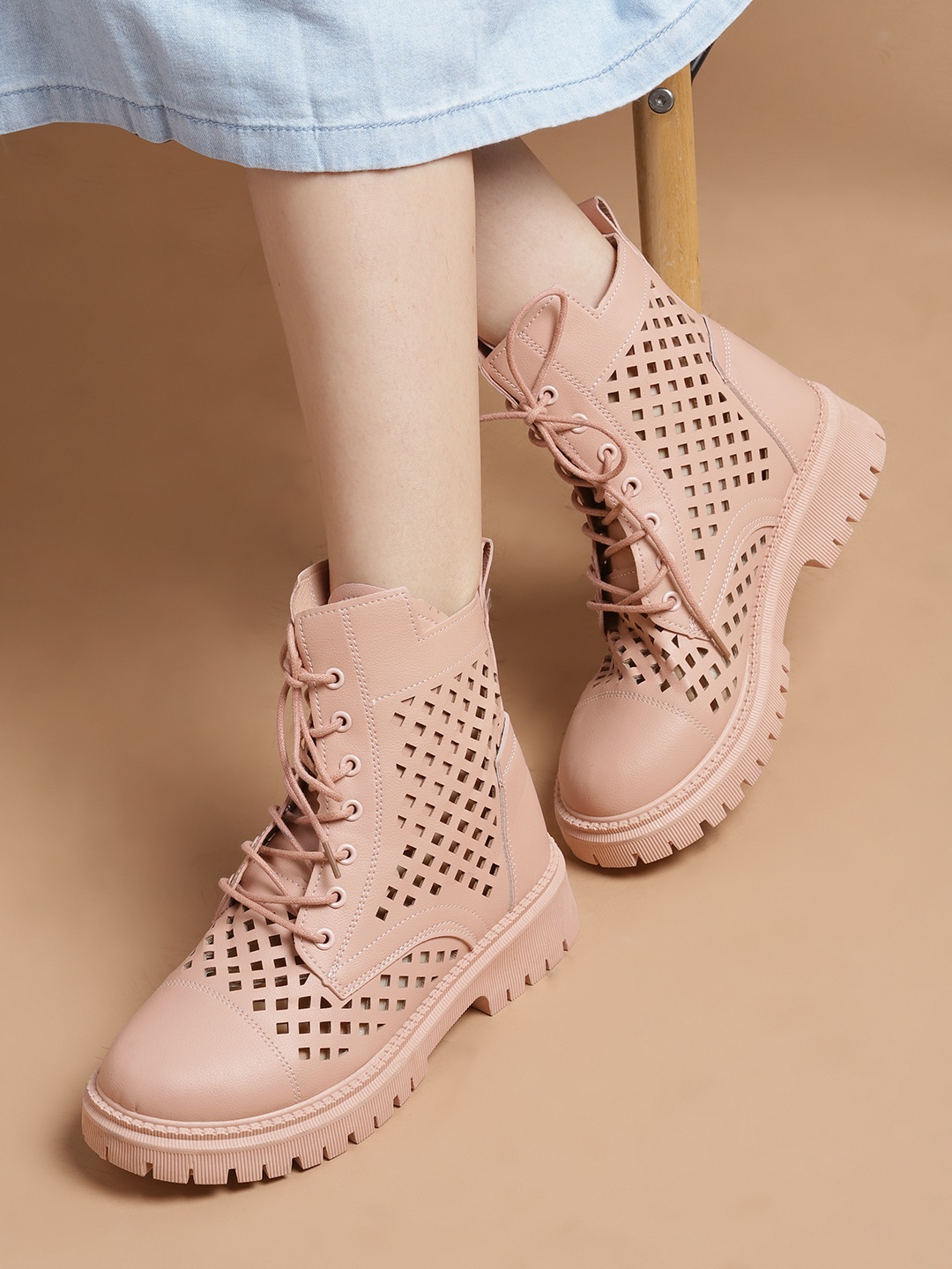 

DressBerry Women Peach-Coloured Laser Cuts Mid-Top Flat Boots