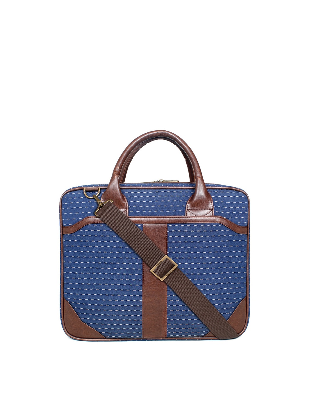 

THE CLOWNFISH Unisex Blue & Brown Striped Leather Laptop Bag