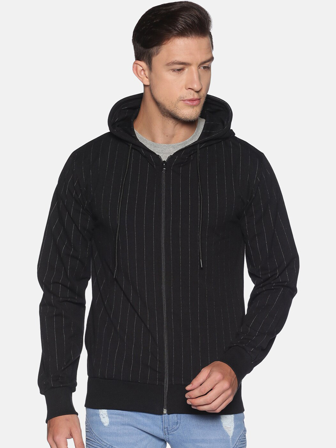 

Campus Sutra Men Black Hooded Striped Sweatshirt