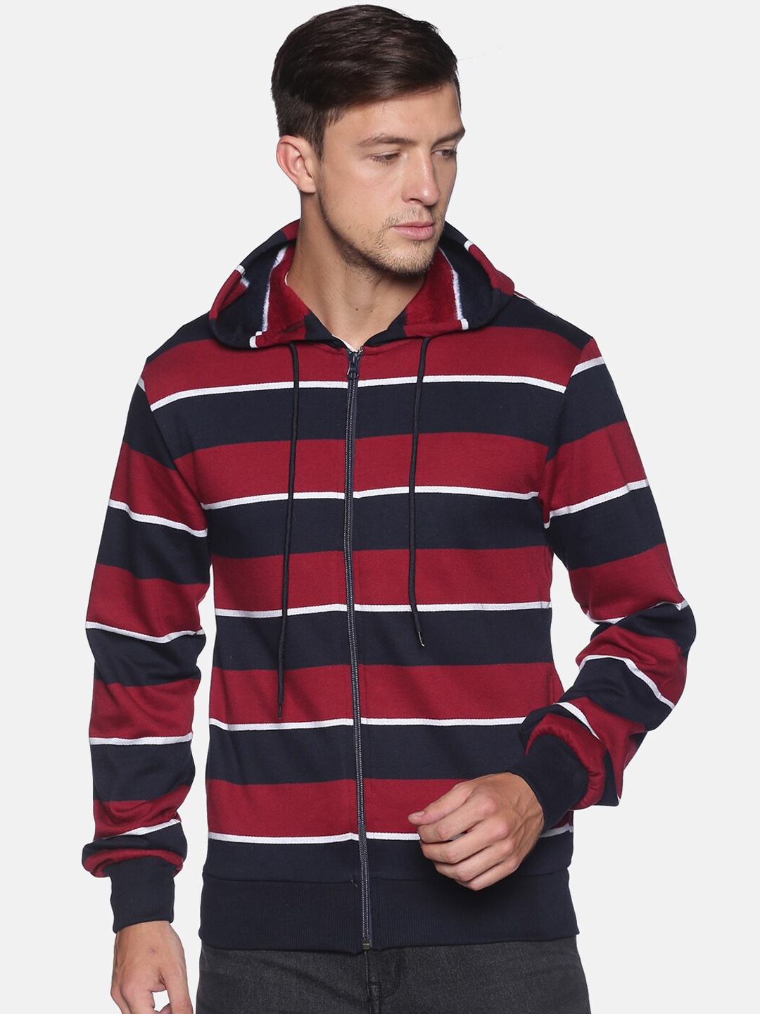 

Campus Sutra Men Maroon & Black Striped Hooded Pure Cotton Open-Front Sweatshirt