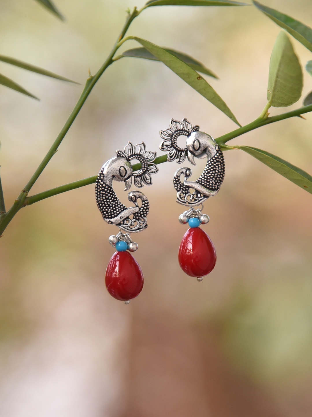 

FIROZA Silver-Toned Peacock Shaped Drop Earrings