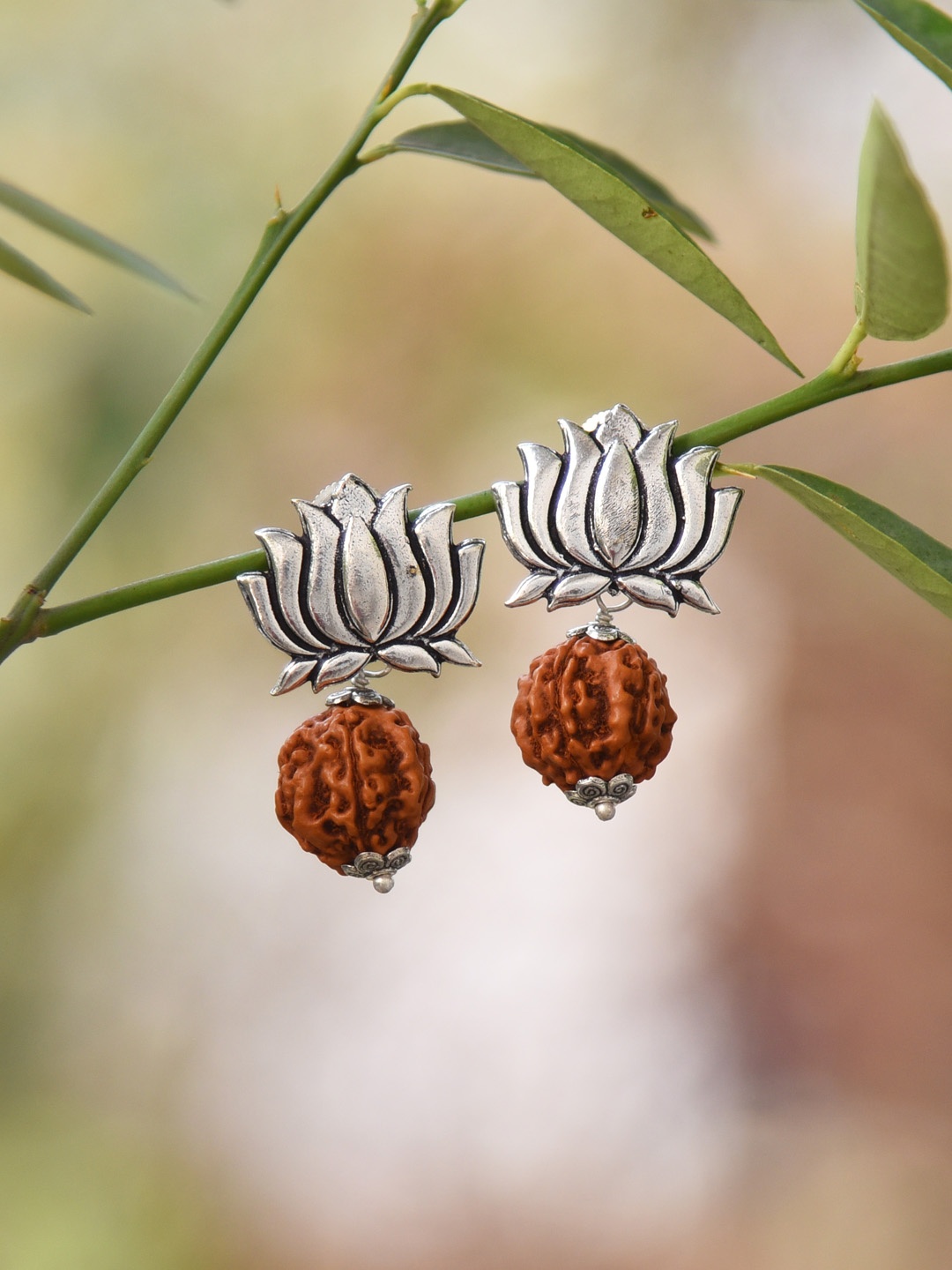 

FIROZA Silver-Toned and Brown Oxidised Rudraksh Drop Earrings