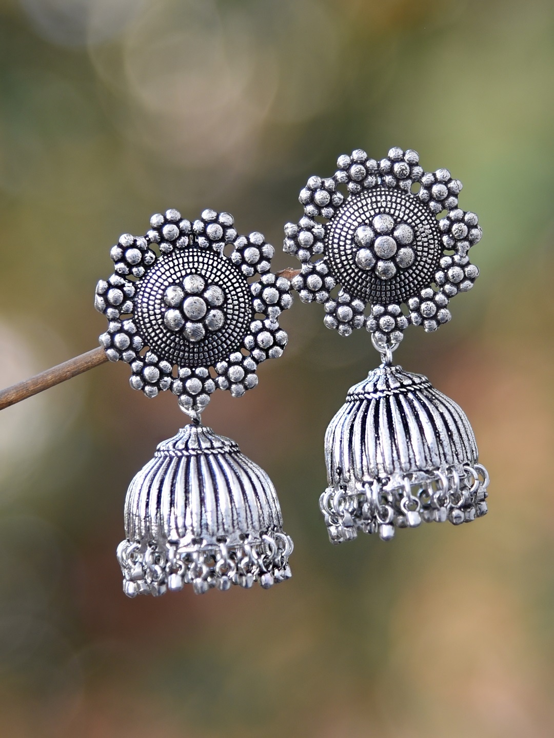 

FIROZA Silver-Toned Dome Shaped Jhumka Earrings