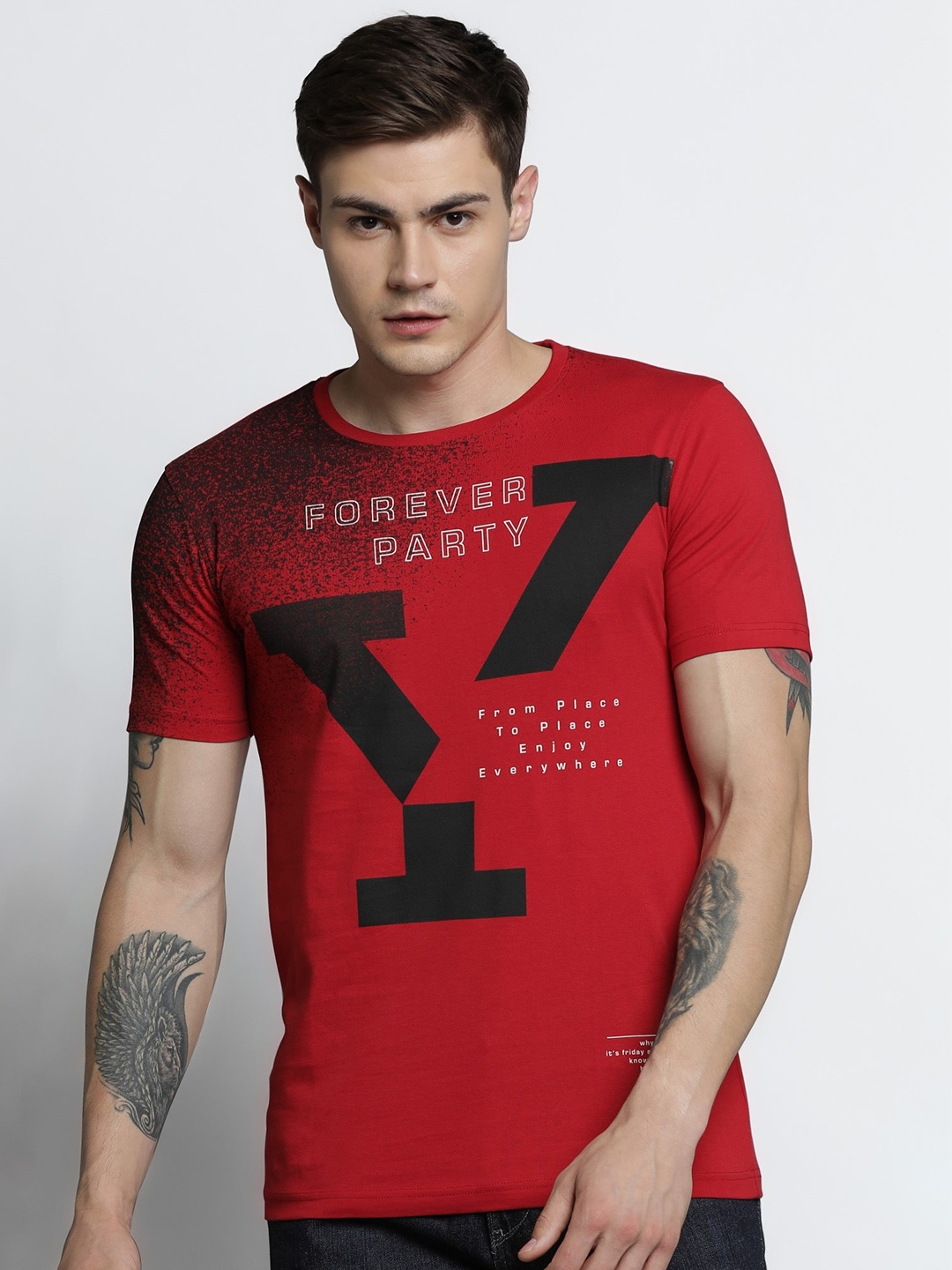 

Maniac Men Red Black Typography Printed Pure Cotton T-shirt