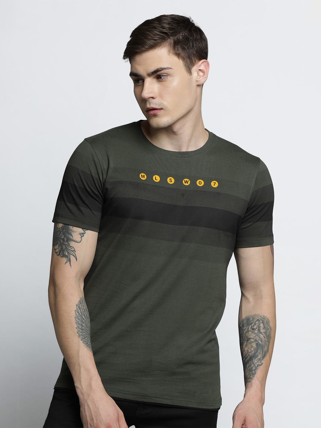 

Maniac Men Olive Green & Yellow Slim Fit T-shirt