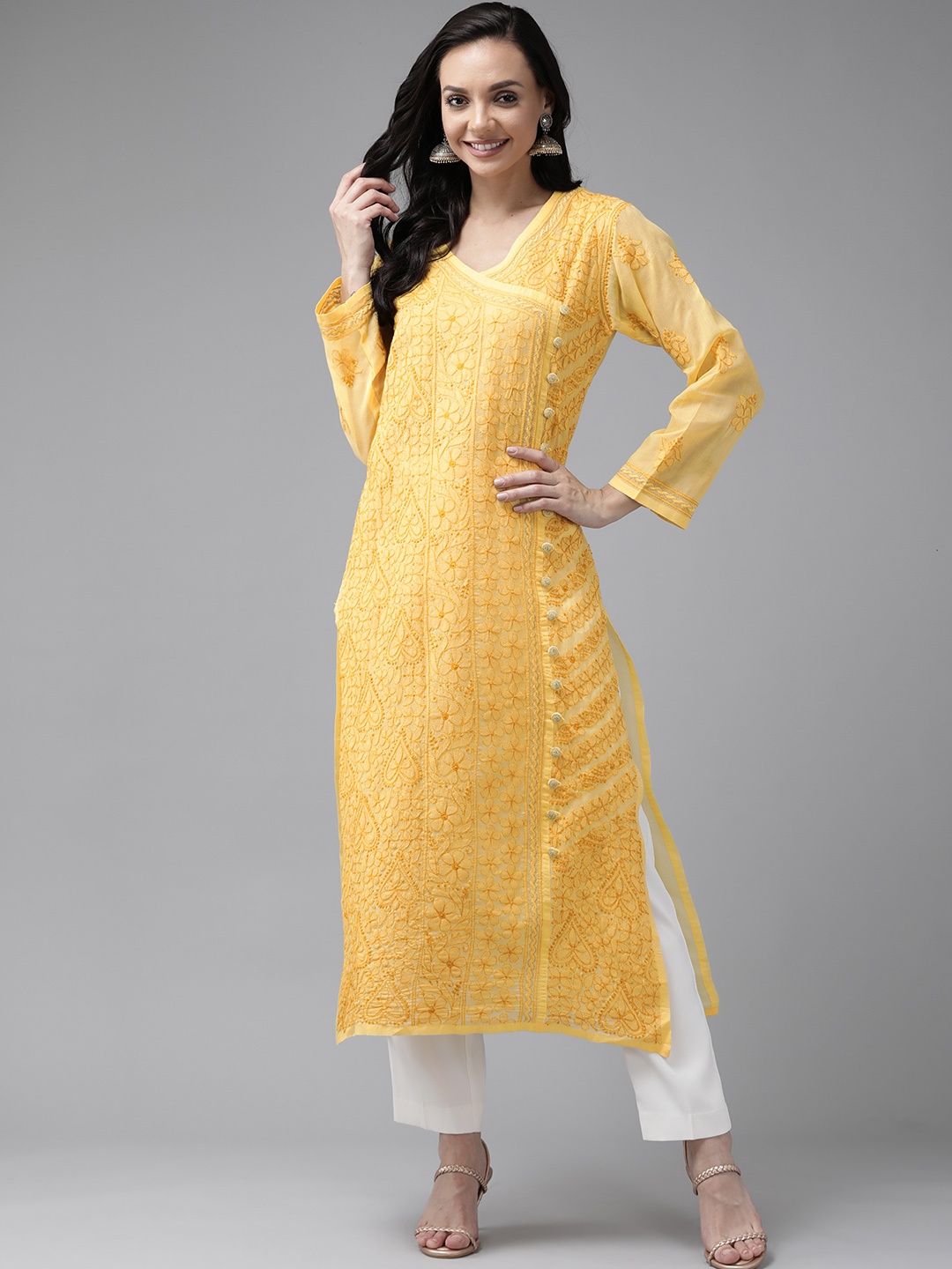 

ADA Women Yellow Sustainable Hand Chikankari Embroidered Zari Work Straight Handloom Kurta