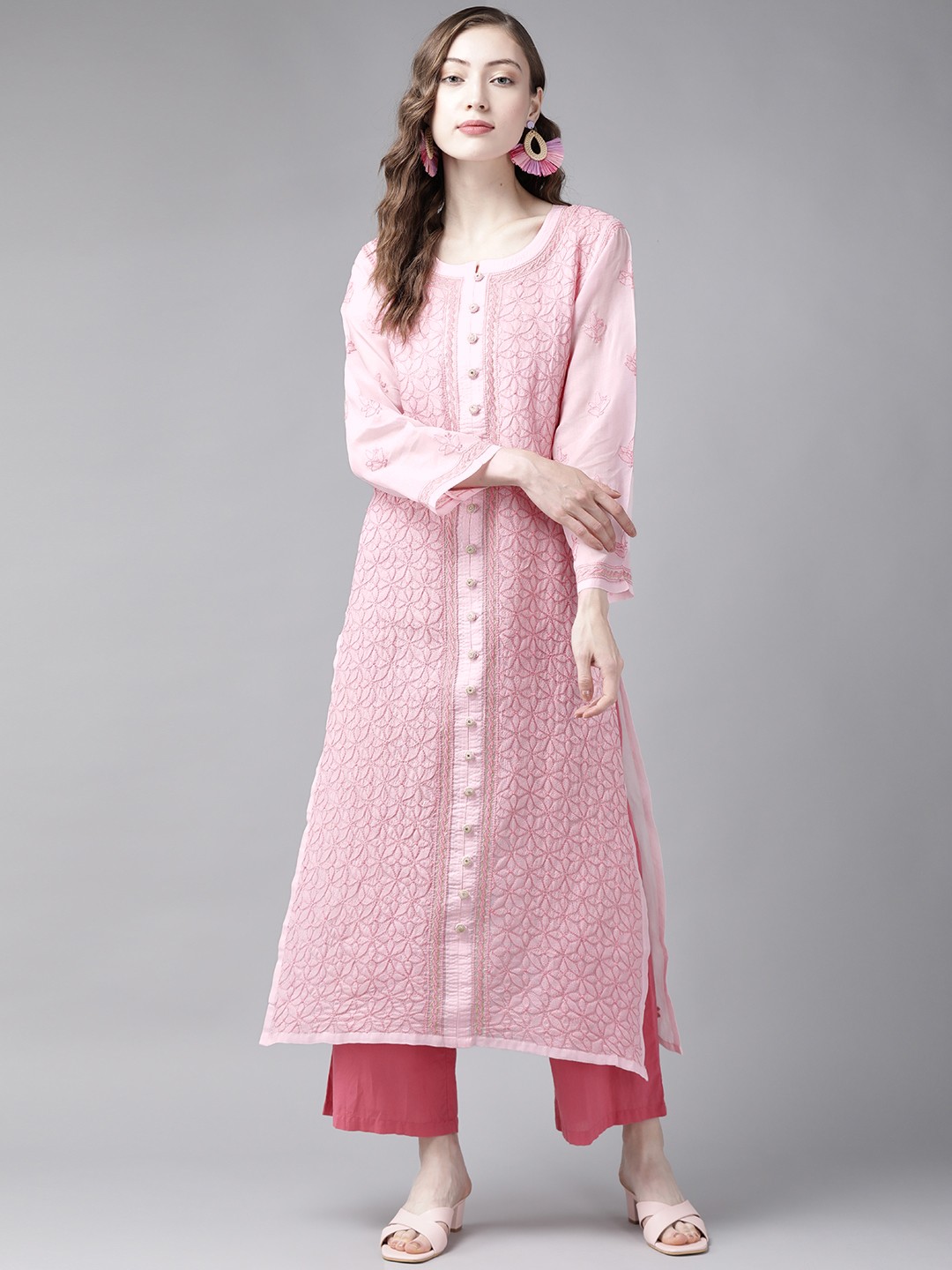 

ADA Women Pink Sustainable Zari Work Semi-Sheer Chikankari Hand Embroidered Straight Handloom Kurta