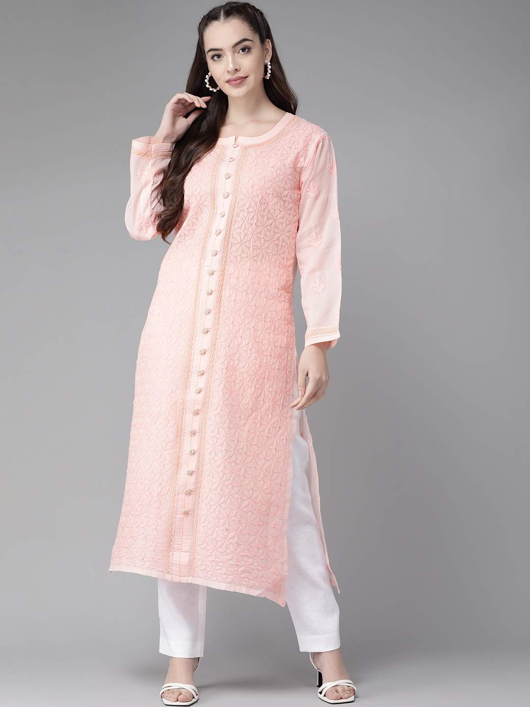 

ADA Women Peach-Coloured Cotton Chikankari Hand Embroidered Zari Work Sustainable Kurta