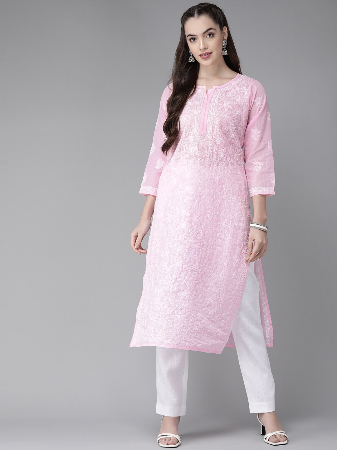 

ADA Women Pink Cotton Chikankari Hand Embroidered Sustainable Straight Handloom Kurta