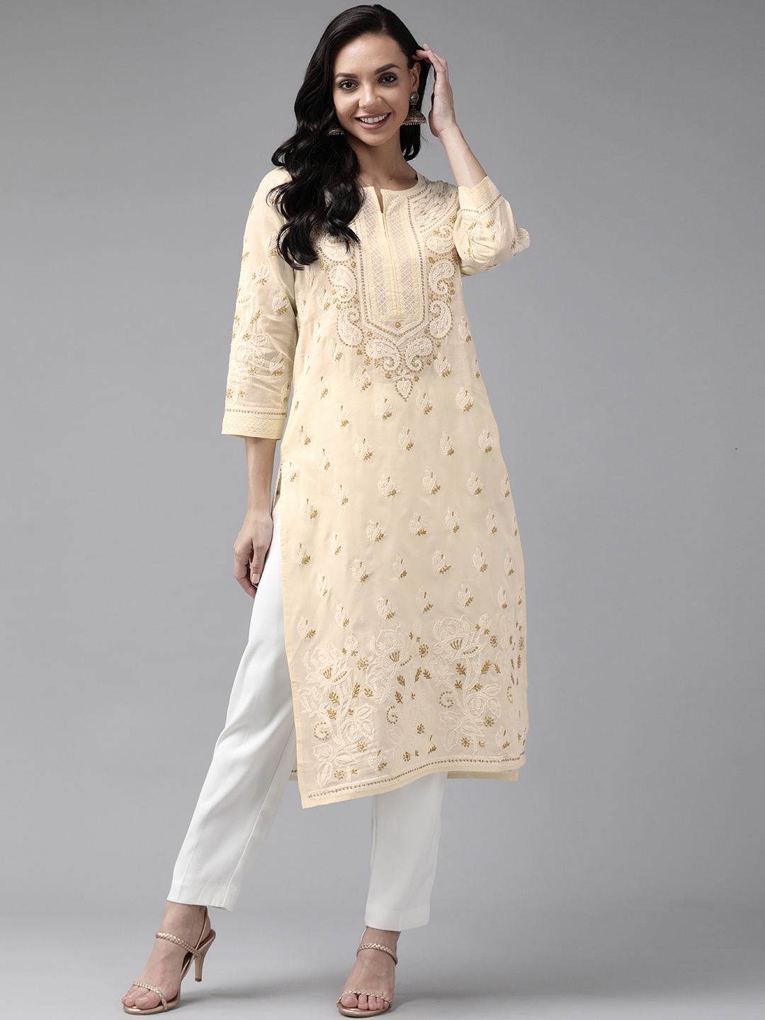 

ADA Women Cream-Coloured Hand Chikankari Embroidered Straight Handloom Kurta