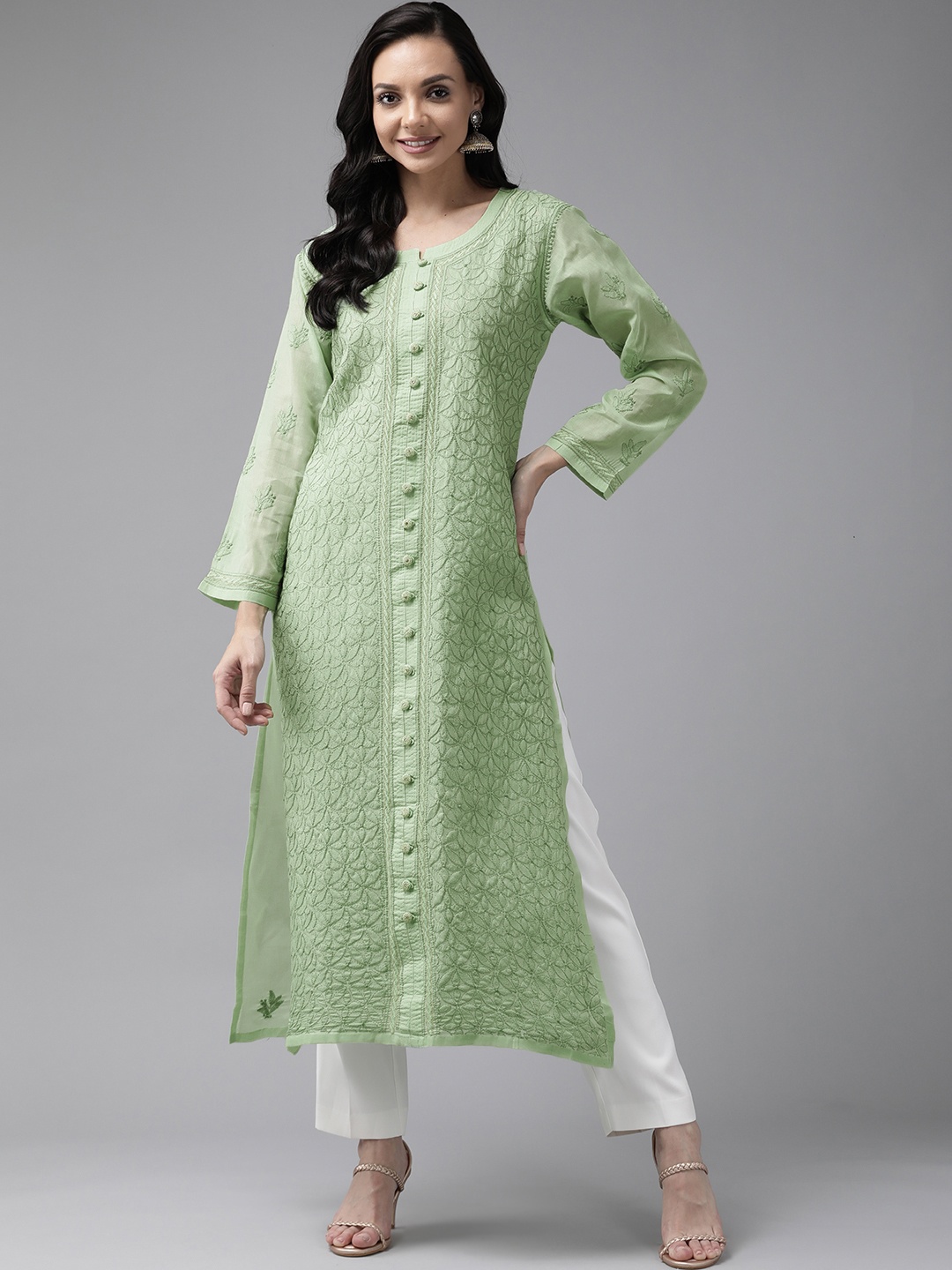 

ADA Women Green Sustainable Hand Chikankari Embroidered Zari Work Straight Handloom Kurta